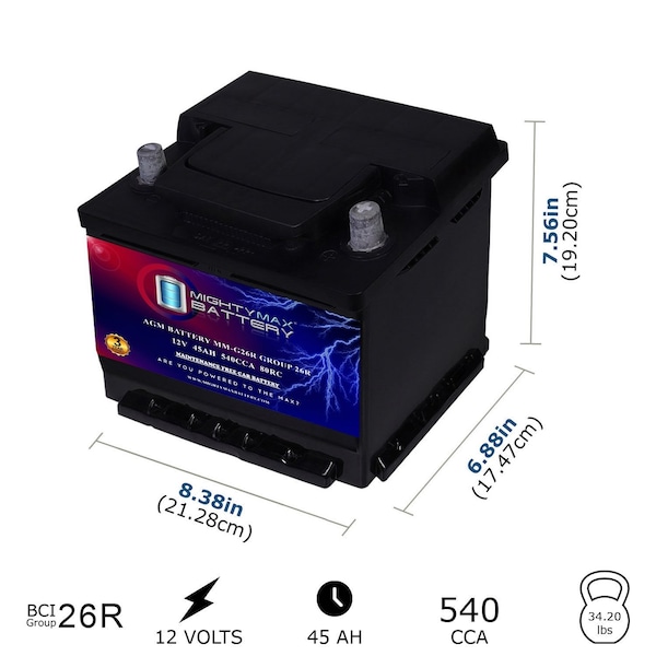 Mighty Max Battery MM-G26R BCI Group 26R 12V 45AH, 80RC, 540 CCA, Rechargeable SLA AGM Battery MAX4166059 - main