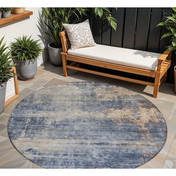 Homeroots 8' Denim Blue And Tan Round Abstract Washable Indoor Outdoor Area Rug 606142 - main