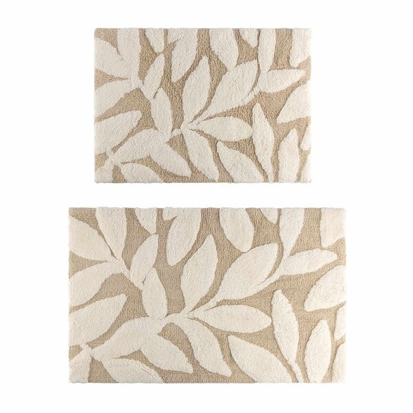 Lavish Home 2PC Bathroom Rug Set 100% Cotton Bath Mats w/ Textured Botanical Leaf Print for Boho Bathroom Decor ST-BATH5-BN - main