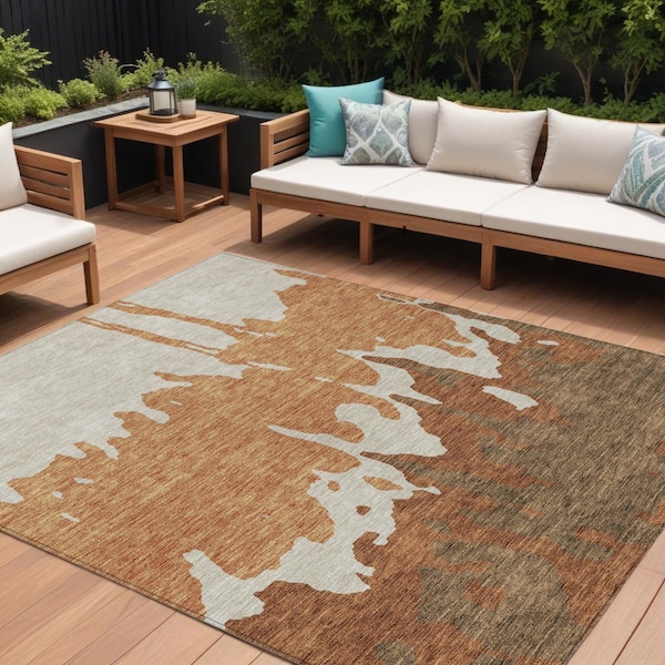 Homeroots 8' X 10' Orange And Brown Abstract Washable Indoor Outdoor Area Rug 613647 - main