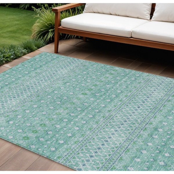 Homeroots 9' X 12' Aqua Teal Blue And Ivory Tribal Washable Indoor Outdoor Area Rug 582606 - main