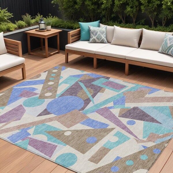 Homeroots 8' X 10' Brown Teal Blue And Ivory Geometric Washable Indoor Outdoor Area Rug 617953 - main