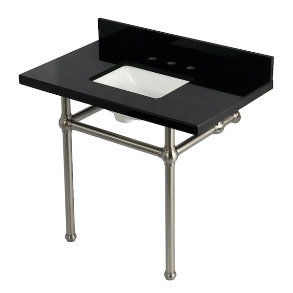 Kingston Brass 36" Black Granite Console Sink with Brass Legs, 8-Inch, 3-Hole, Black Granite/Brushed Nickel KVPK3630KBSQ8 - main