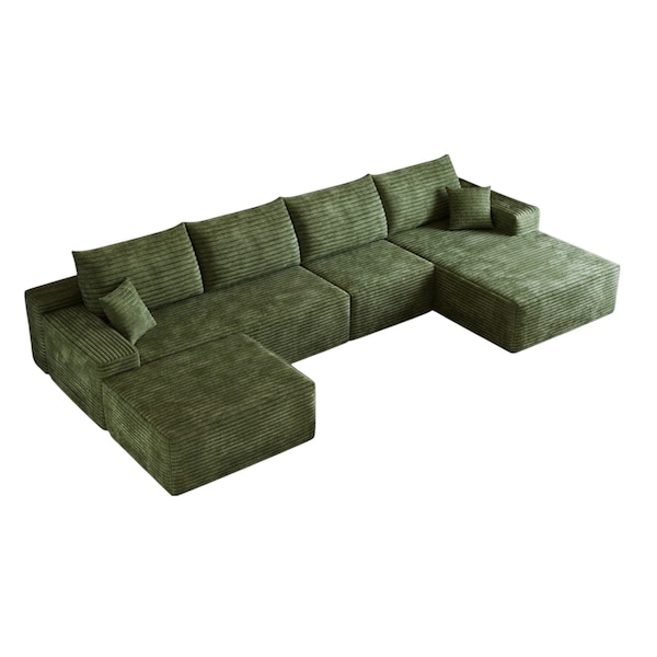 Homeroots 135" Green Corduroy Modular Compression Foam Sofa With Ottoman And Toss Pillows 712951 - main