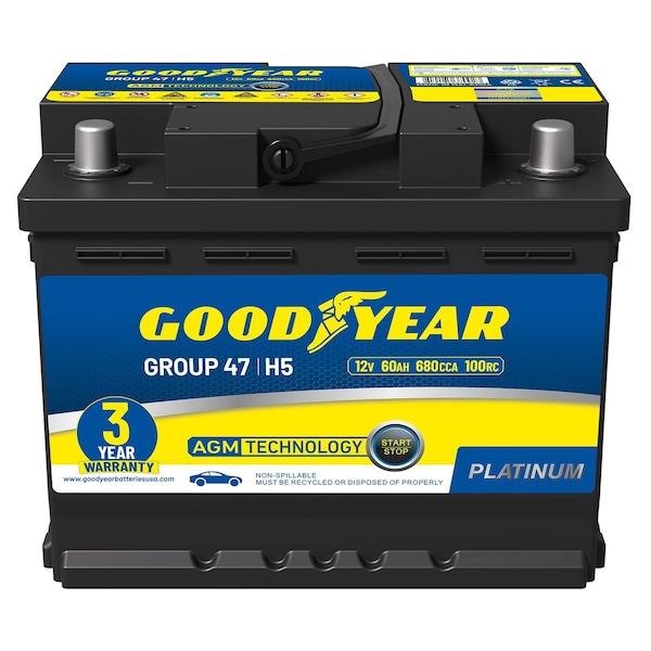 Goodyear 47-H5-AGM BCI Group Size 47 12V 60 AH, 100RC 680 CCA Platinum series AGM Automotive Battery GY4140748 - main