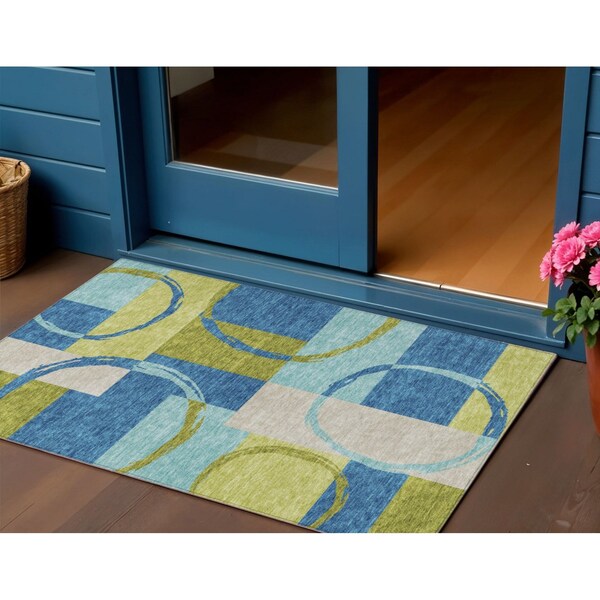 Homeroots 3' X 5' Denim Blue And Lime Green Geometric Washable Indoor Outdoor Area Rug 612575 - main