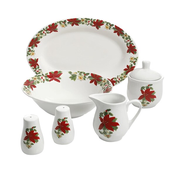 Gibson Home Perfect for Holidays Poinsettia 7 Piece Porcelain Serving Set in Red 99825.07R - main