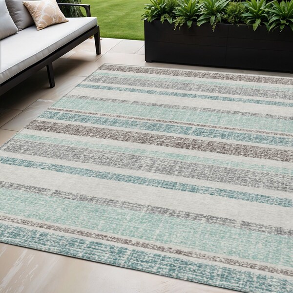 Homeroots 5' X 8' Teal Blue And Gray Striped Washable Indoor Outdoor Area Rug 632246 - main