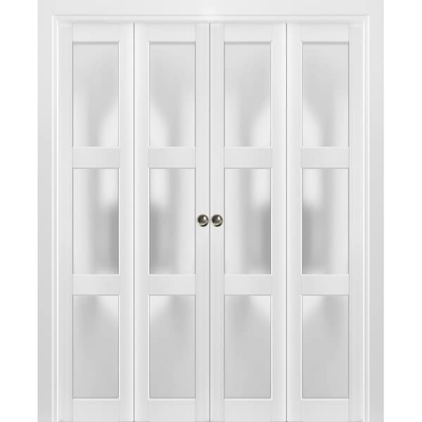 Sartodoors Sliding Closet Double Bi-fold Doors, Lucia 2552 White Silk with Frosted Glass, Sturdy Tracks Moldi LUCIA2552DBF-BEM-72 x 80 (4* 18x80) - main