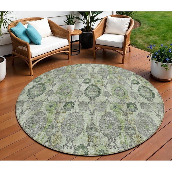 Homeroots 8' Artichoke Green And Fern Green Round Damask Washable Indoor Outdoor Area Rug 588168 - main