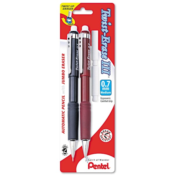 Pentel Twist-Erase III Mechanical Pencil, 0.7 mm, HB #2, Black Lead, Assorted Barrel Colors, 2PK QE517BP2-K6 - main