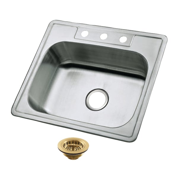 Kingston Brass 25-Inch Stainless Steel Self-Rimming Single Bowl Drop-In Kitchen Sink, 3-Hole with Strainer KGKTS25207 - main