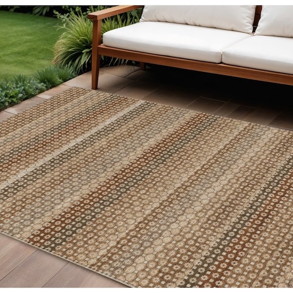 Homeroots 9' X 12' Orange And Copper Striped Washable Indoor Outdoor Area Rug 610610 - main