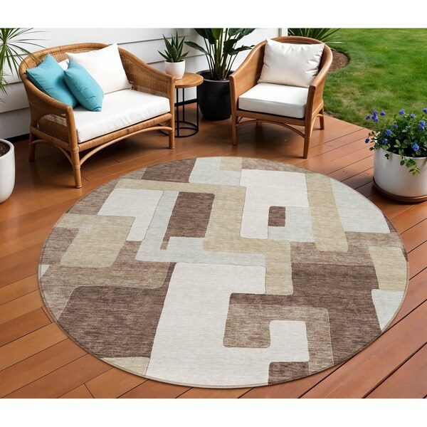 Homeroots 8' Brown Ivory And Taupe Round Geometric Washable Indoor Outdoor Area Rug 613201 - main