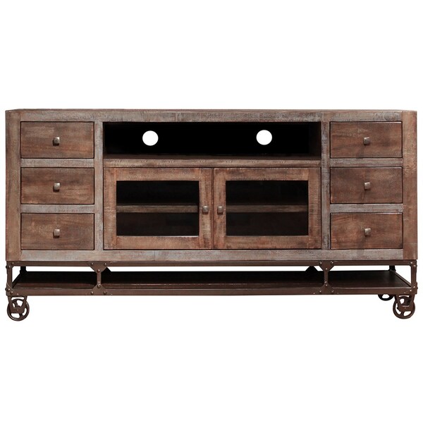 Homeroots 76" Brown Solid Wood Cabinet Enclosed Storage Distressed TV Stand 528716 - main