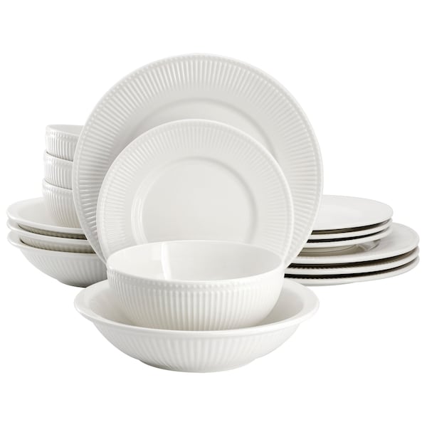 Elama Kate 16 Piece Textured Trim Double Bowl Porcelain Dinnerware Set in White ELM-KATE16 - main