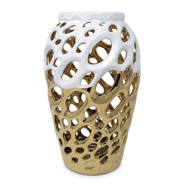 Homeroots 13" Gold And White Pierced Urn Porcelain Table Vase With Sculptural Details 569273 - main