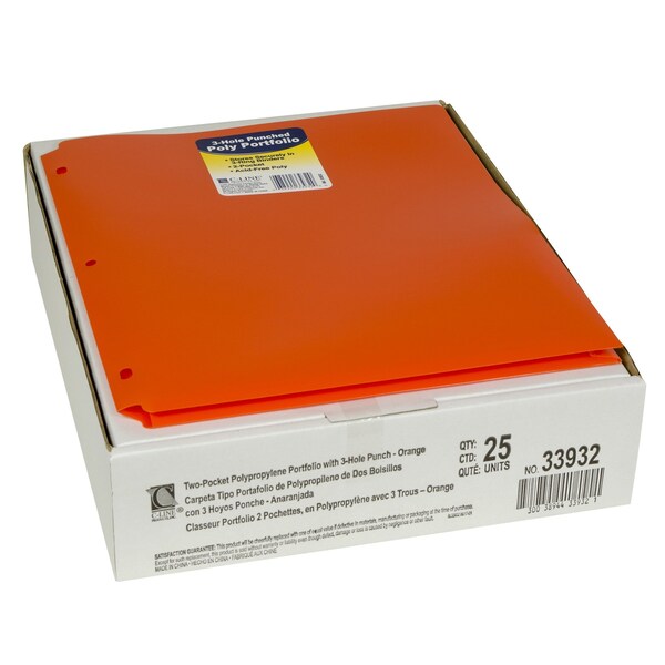 C-Line Products Two-Pocket Heavyweight Poly Portfolio Folder with Three-Hole Punch, Orange, 25PK 33932 - main