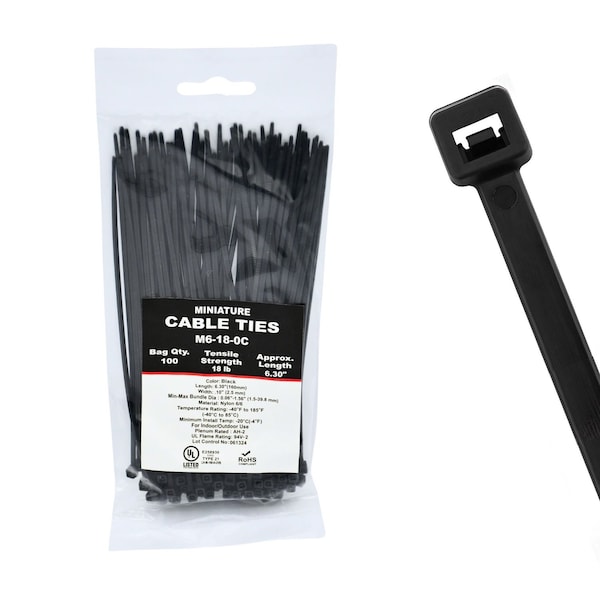 Cable Ties Unlimited Cable Tie, 6 in L, 18 lb Strength, 1.4 in Max Bundle Dia, Nylon 6/6, UV Resistant, Black, 100PK M6-18-0C - main
