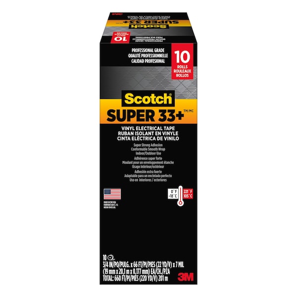 Scotch Super 33+ Electrical Tape, 3/4 x 66 ft x 0.007 19 mm x 20, 1 m x 0.177 mm, 100PK 6132-BA-100 - main