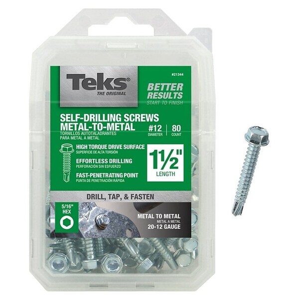 Teks Self-Drilling Screw, #12 x 1-1/2 in, Zinc Plated Steel Flange Hex Head External Hex Drive 21344 - main