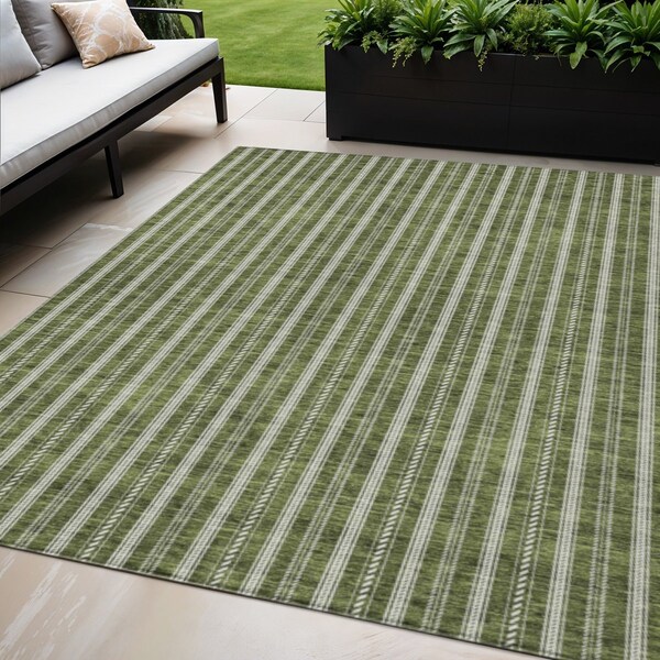 Homeroots 5' X 8' Olive Green And Ivory Striped Washable Indoor Outdoor Area Rug 595884 - main