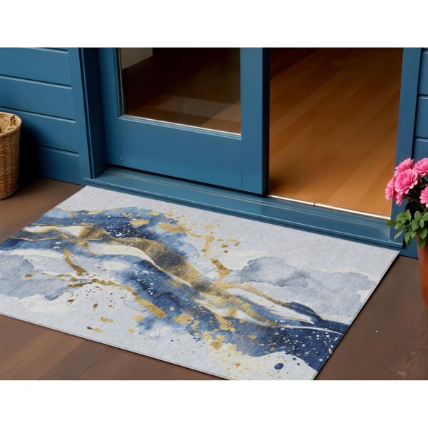 Homeroots 3' X 5' Blue And Gold Abstract Washable Indoor Outdoor Area Rug 611300 - main