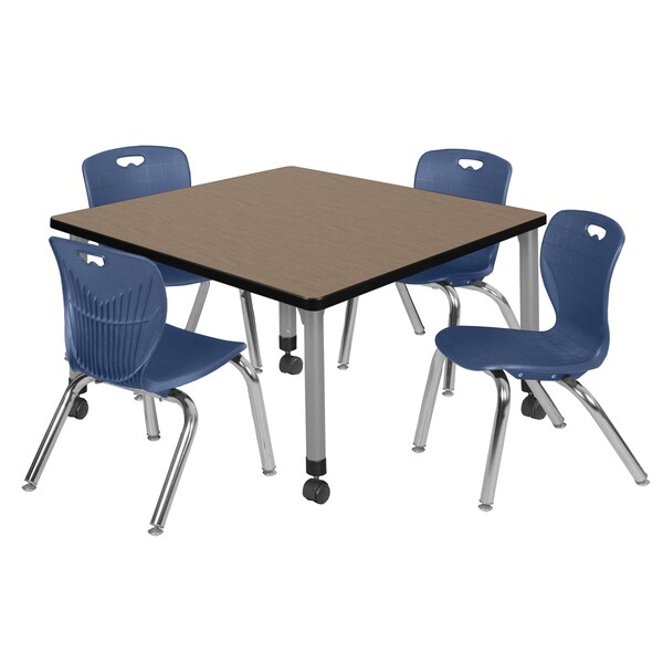 Regency Square Kee Mobile Adjustable Classroom Table W/ 4 Andy Chairs, 42 in W, 42 in L, Noble Oak TB4242NOAPCGY45NV - main