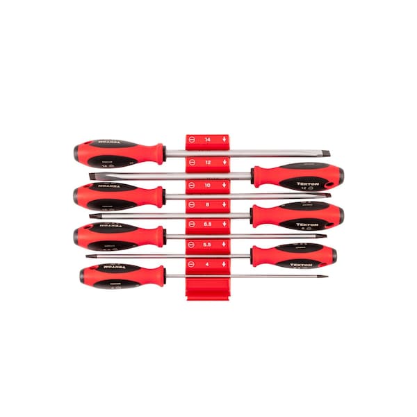 Tekton Slotted Screwdriver Set with Red Modular Organizers - 8 Inch Shanks, 7-Piece (4 -14 mm) DWS90108 - main