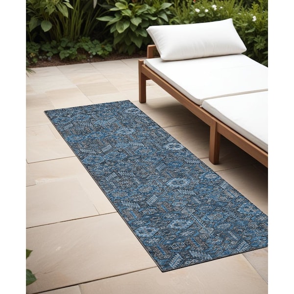 Homeroots 8' Runner Blue and Black Floral Washable Non Skid Indoor Outdoor Runner Rug 564303 - main