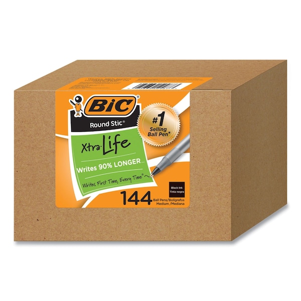 Bic Round Stic Xtra Life Ballpoint Pen, Stick, Medium 1 mm, Black Ink, Translucent Black Barrel, 144PK GSM144AZ-BLK - main
