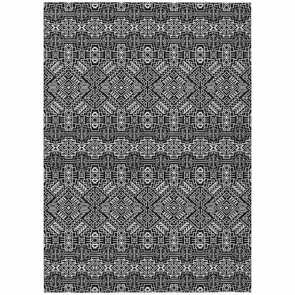 Homeroots 8' X 10' Black And Ivory Tribal Washable Indoor Outdoor Area Rug 614206 - main