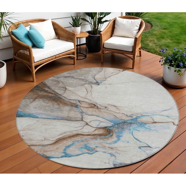 Homeroots 8' Beige And Blue Round Abstract Washable Indoor Outdoor Area Rug 617862 - main