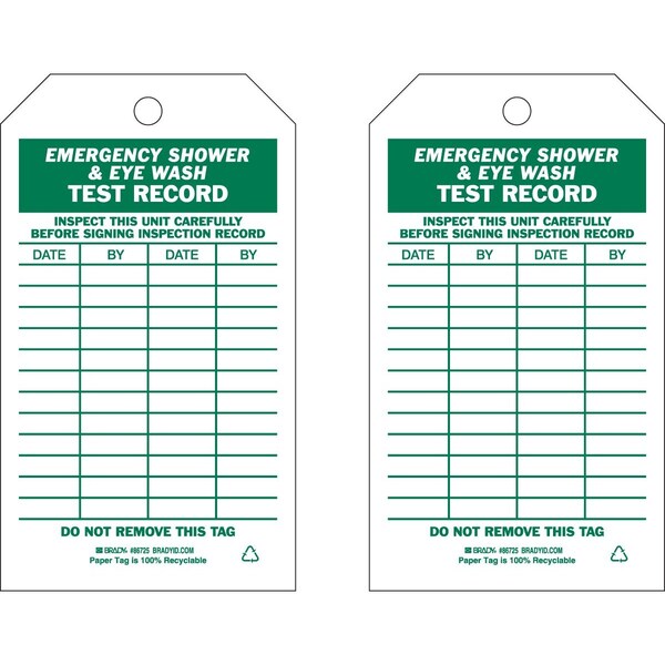 Brady Tag EMERGENCY SHOWER & EYEWASH TEST RECORD Paper 7x4 Green on White 100/PK, 100PK 86725 - main