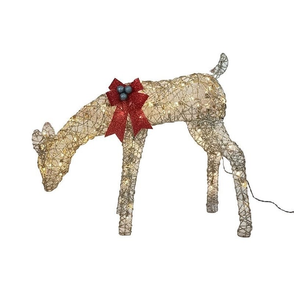 Santas Forest Rattan Reindeer Feeding Doe Yard Decor, 17 in L, 6 in W, Metal/PVC, Gold Glitter, Internal Light 36087 - main