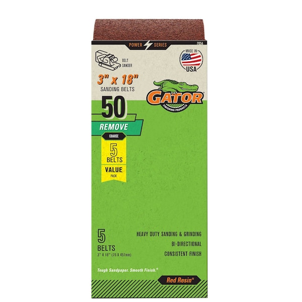 Gator Finishing Red Resin 3 x 18 in. Sanding Belt, 50 Grit, Coarse, 5PK 7034GA - main