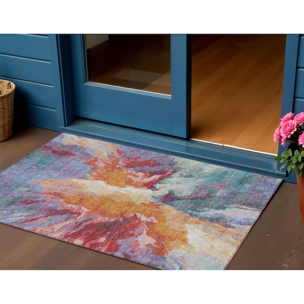 Homeroots 3' X 5' Orange Red And Teal Blue Abstract Washable Indoor Outdoor Area Rug 615614 - main