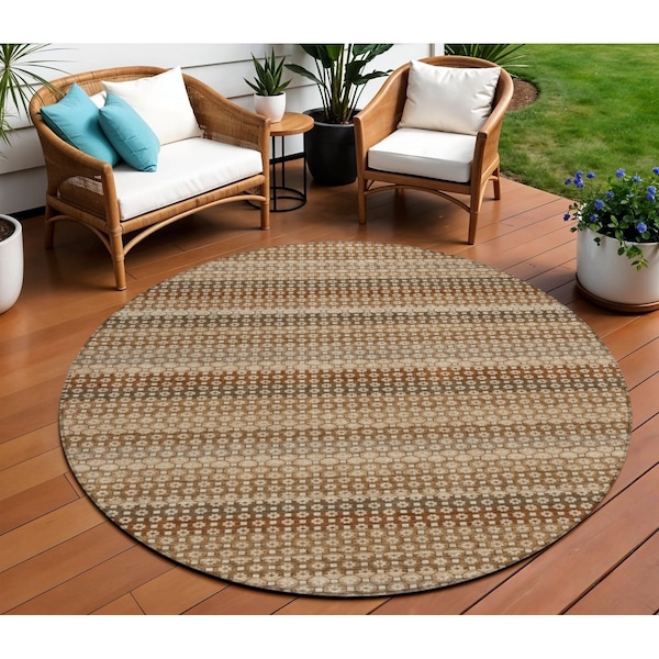 Homeroots 8' Orange And Copper Round Striped Washable Indoor Outdoor Area Rug 610608 - main