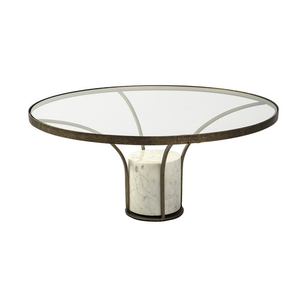 Homeroots 36" Antiqued Gold And White Glass Iron and Marble Round Pedestal Coffee Table 376310 - main