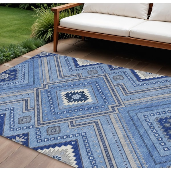 Homeroots 9' X 12' Blue Gray And Ivory Tribal Washable Indoor Outdoor Area Rug 598104 - main