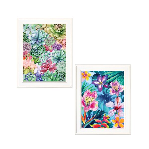 Homeroots Set Of Two Succulents Paradise and Tropical Flowers White Framed Print Wall Art, 2PK 408078 - main