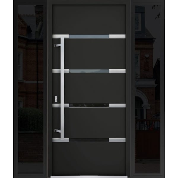 Vdomdoors Steel Door Deux 1105 Black Enamel 2 Sidelight Exterior Windows Sidelites/ Stainless Inserts Entry D DEUX1105EXD-BLK-W16+36+16xH80-RH-O - main