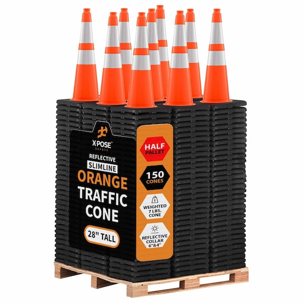 Xpose Safety Slim Line Traffic Safety Cone, 28 in, Dual 6 in & 4 in Reflective Collar, Orange, PK150, Half Pallet OTC28SL-64-HP150-X - main