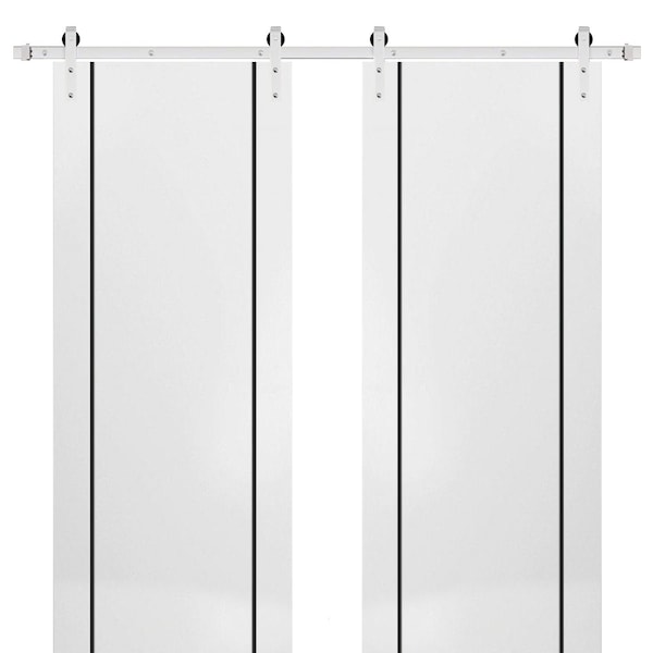 Sartodoors Sturdy Double Barn Door with Hardware, Planum 0017 White Silk and Aluminum Strips, 13FT Rail Hanger PLANUM0017DB-S-WS-60 x 96 (2* 30x96) - main