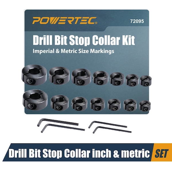 Powertec Drill Bit Stop Collar Kit (14PCS) - 3mm to 12mm & 1/8" to 1/2" with Size Markings & Allen Wrench 72095 - main