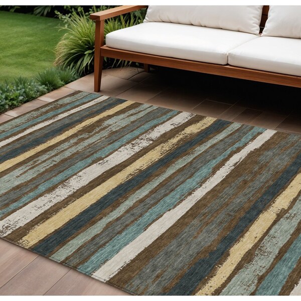 Homeroots 10' X 14' Brown Beige And Green Striped Washable Indoor Outdoor Area Rug 598889 - main