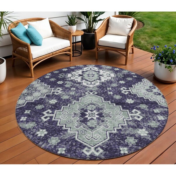 Homeroots 8' Purple Eggplant And Sage Round Medallion Washable Indoor Outdoor Area Rug 589016 - main