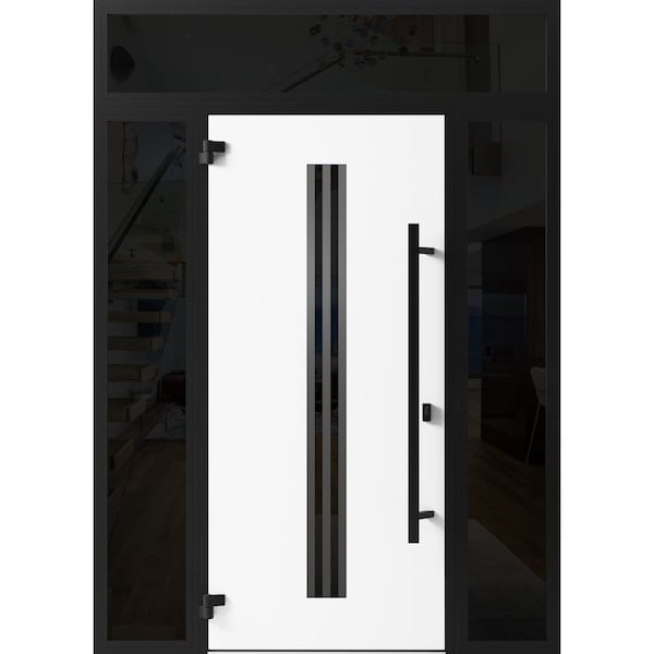 Vdomdoors Front Exterior Prehung Steel Door Ronex1055 Teak 2 Sidelight and Transom Window Sidelite Entry RONEX1055EXD-OAK-W16+36+16 x H80+16-RH-I - main