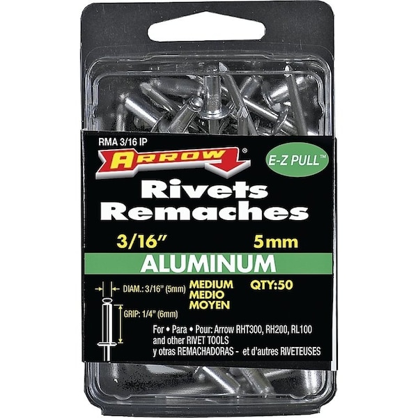 Arrow Lock Pop Rivet, Medium, 1/4 in L, Aluminum, 50PK RMA3/16IP - main