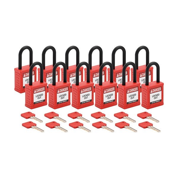 Brady Padlock, Keyed Alike, Nylon, Red, 1 1/2 in Shackle Height, 1 1/2 in Body Width, 12 No. of Keys SDPL-RED-38PL-KA12 - main